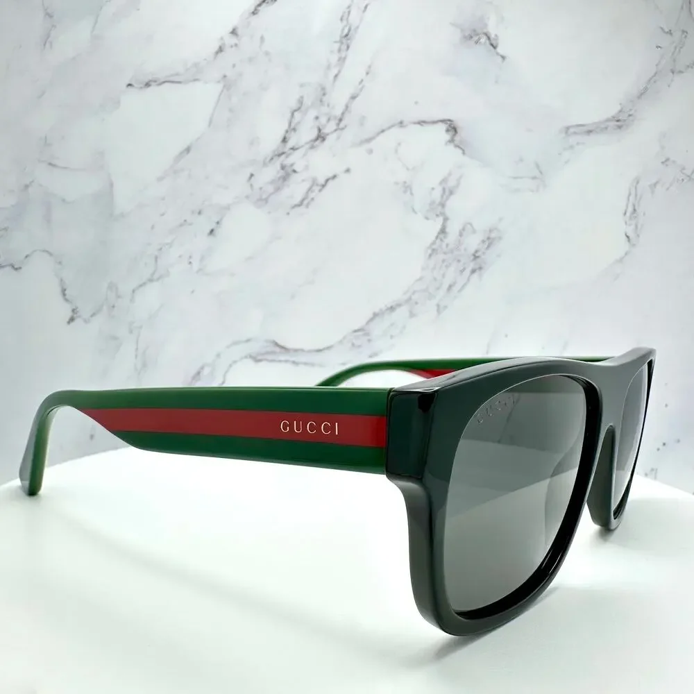 New Gucci Sunglasses Polarized Black Square Red Green Web Arms 56mm Gray Lens